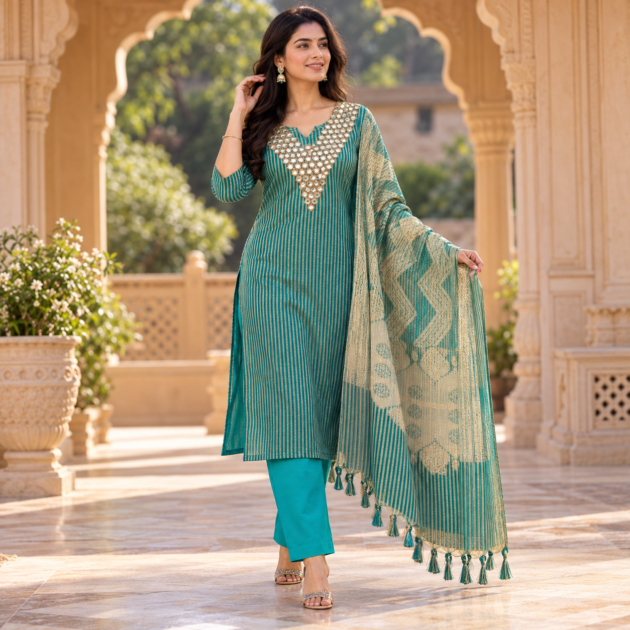 Teal Green & Gold Striped Kurta Set with Mirror-Work Neckline, Matching Pants and Designer