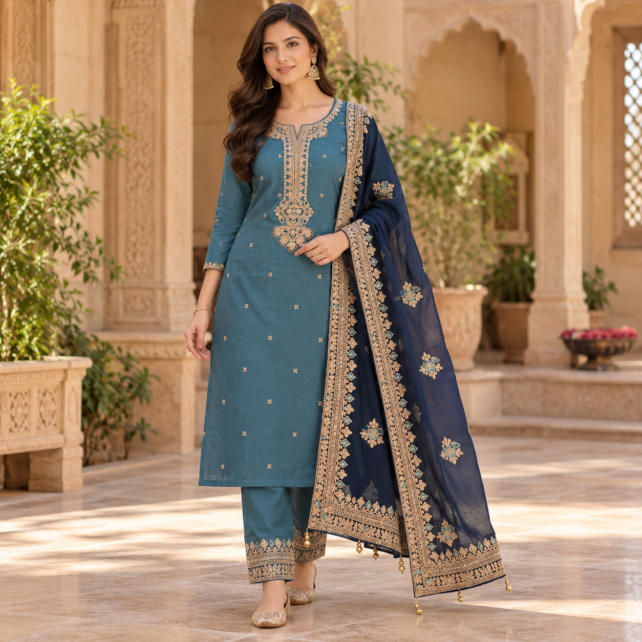 Teal Blue Embroidered Kurta Pant Set with Navy Blue Designer Dupatta