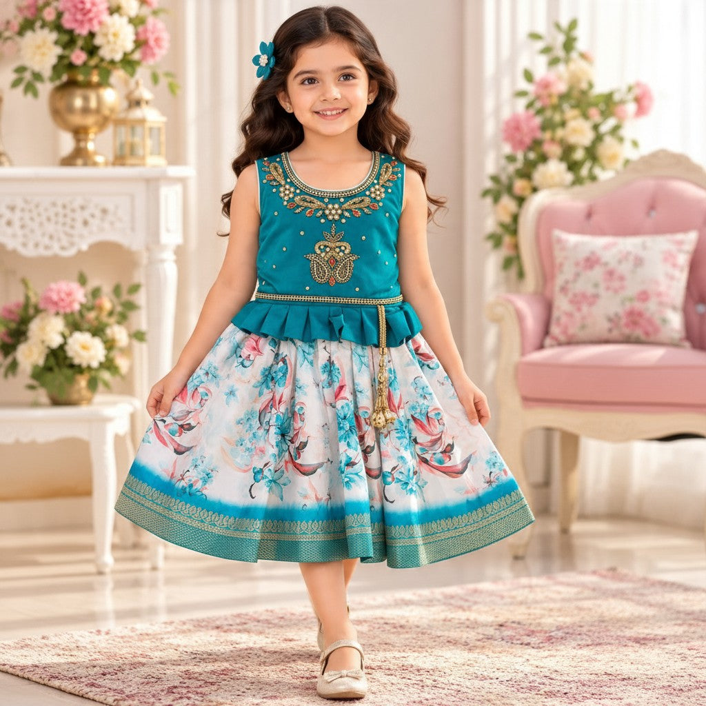 Teal Floral Ethnic Frock