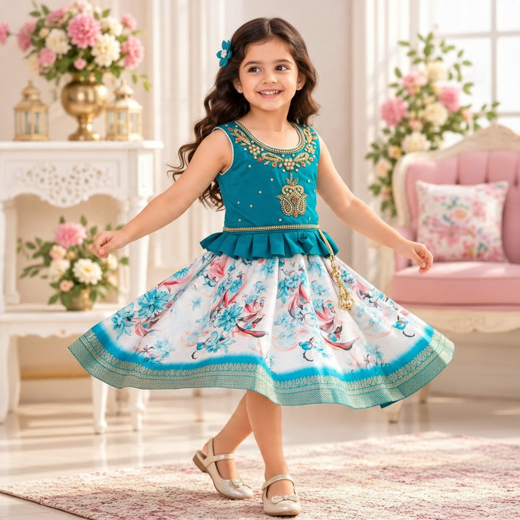 Teal Floral Ethnic Frock