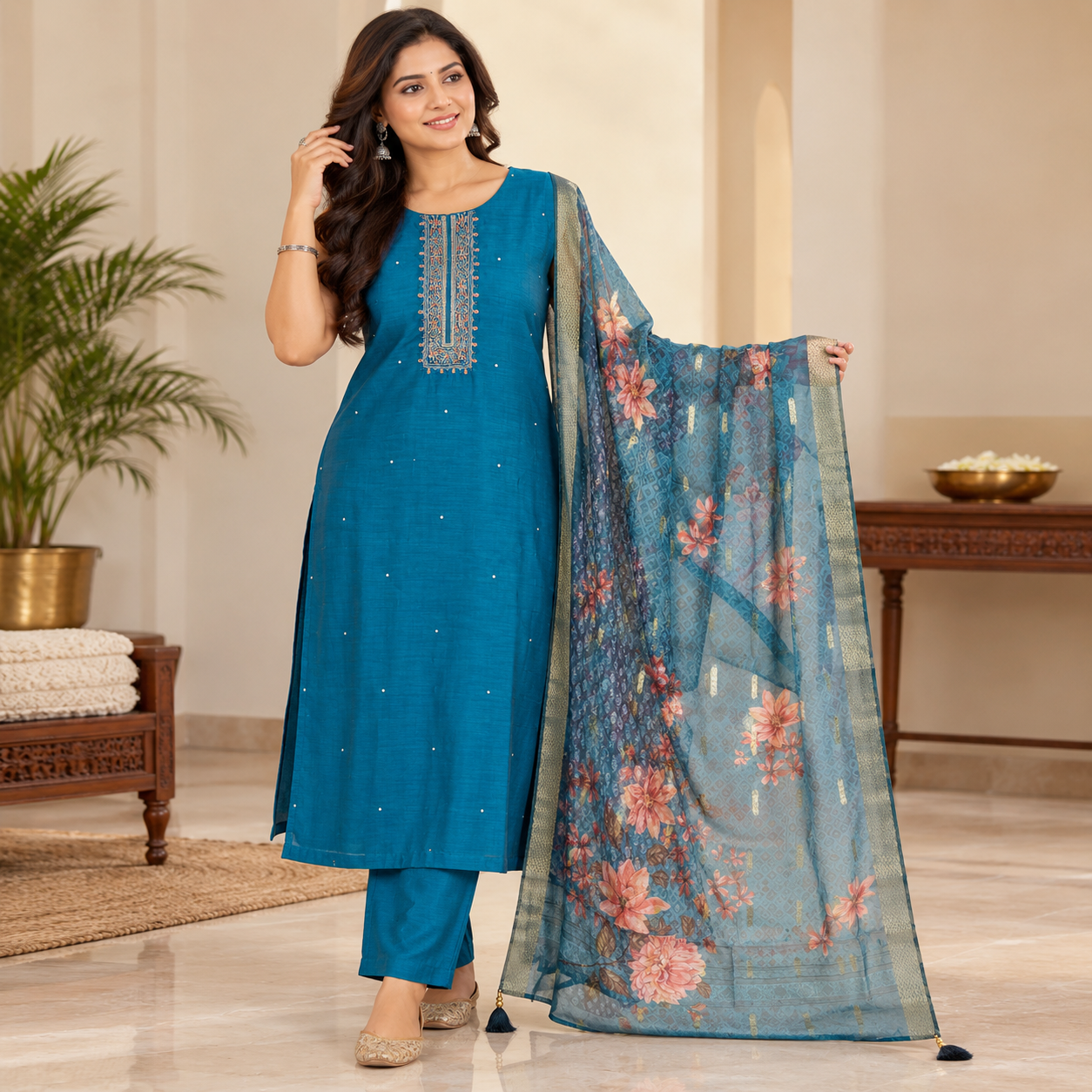 Teal Blue Embroidered Kurta Set with Floral Printed Dupatta