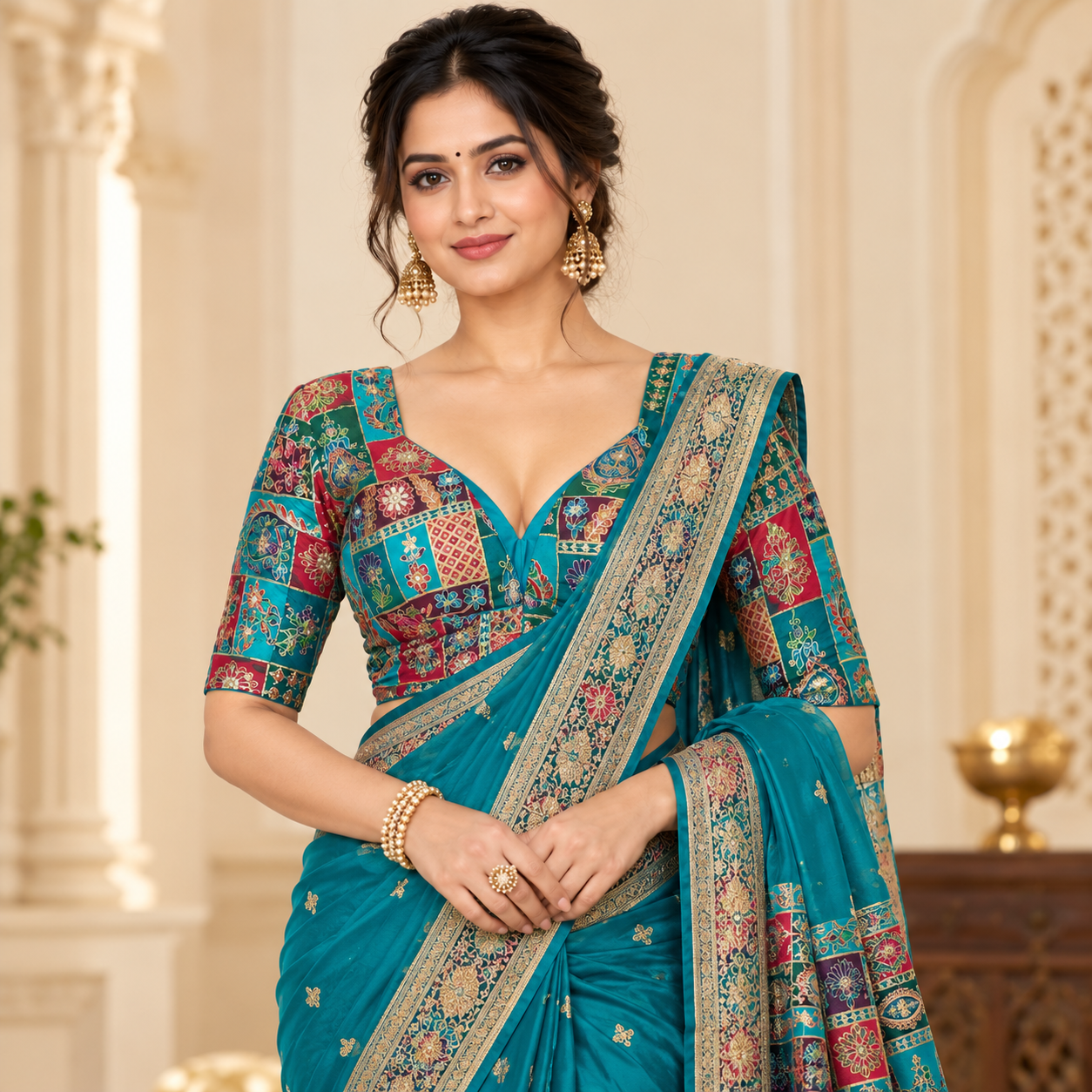 Teal Multicolour Embroidered Designer Blouse with Short Sleeves for Women