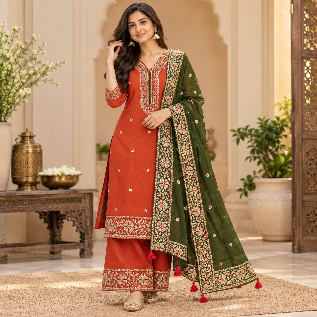 Rust Orange Embroidered Kurta Set with Olive Green Dupatta