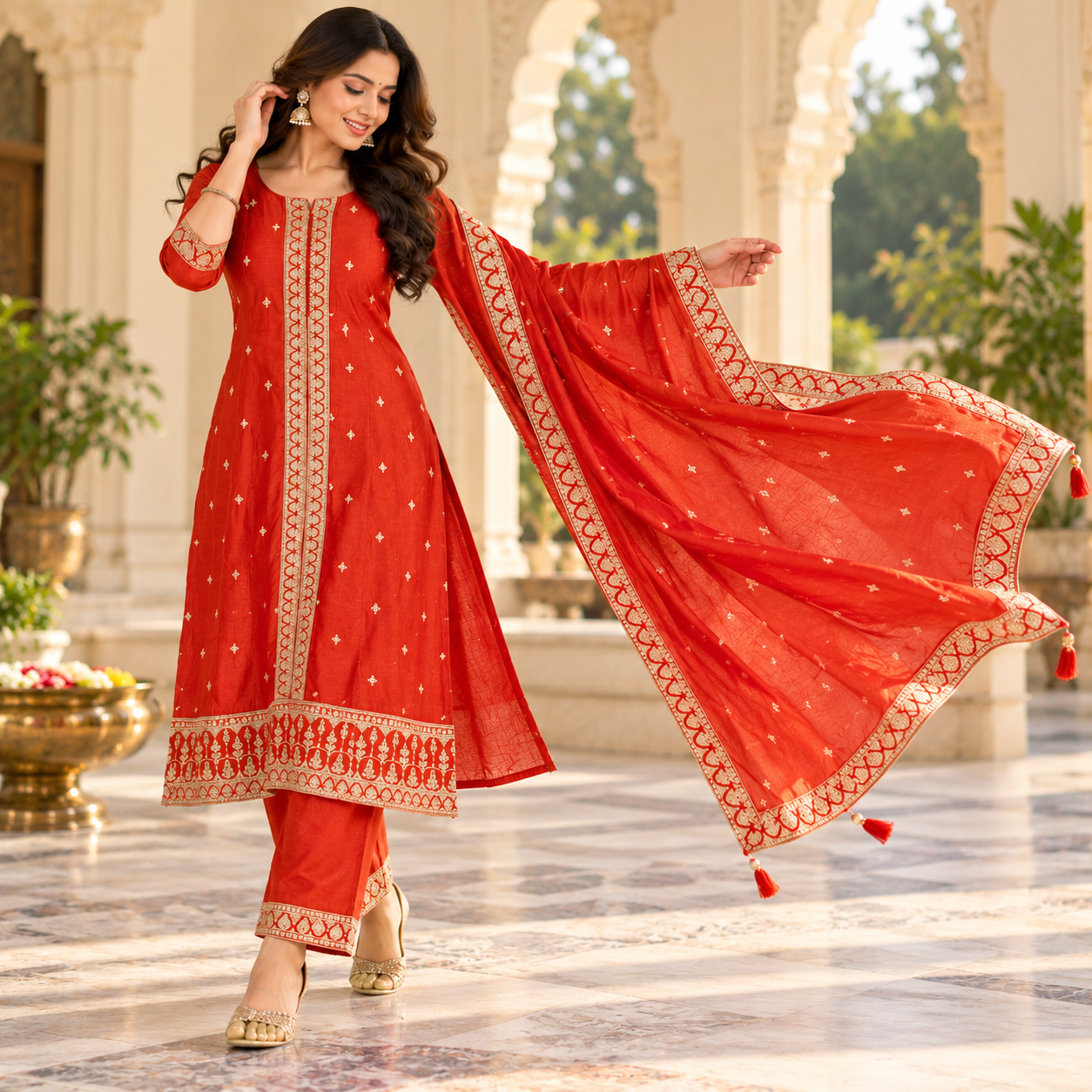 Elegant Rust-Red Embroidered Salwar Suit with Dupatta