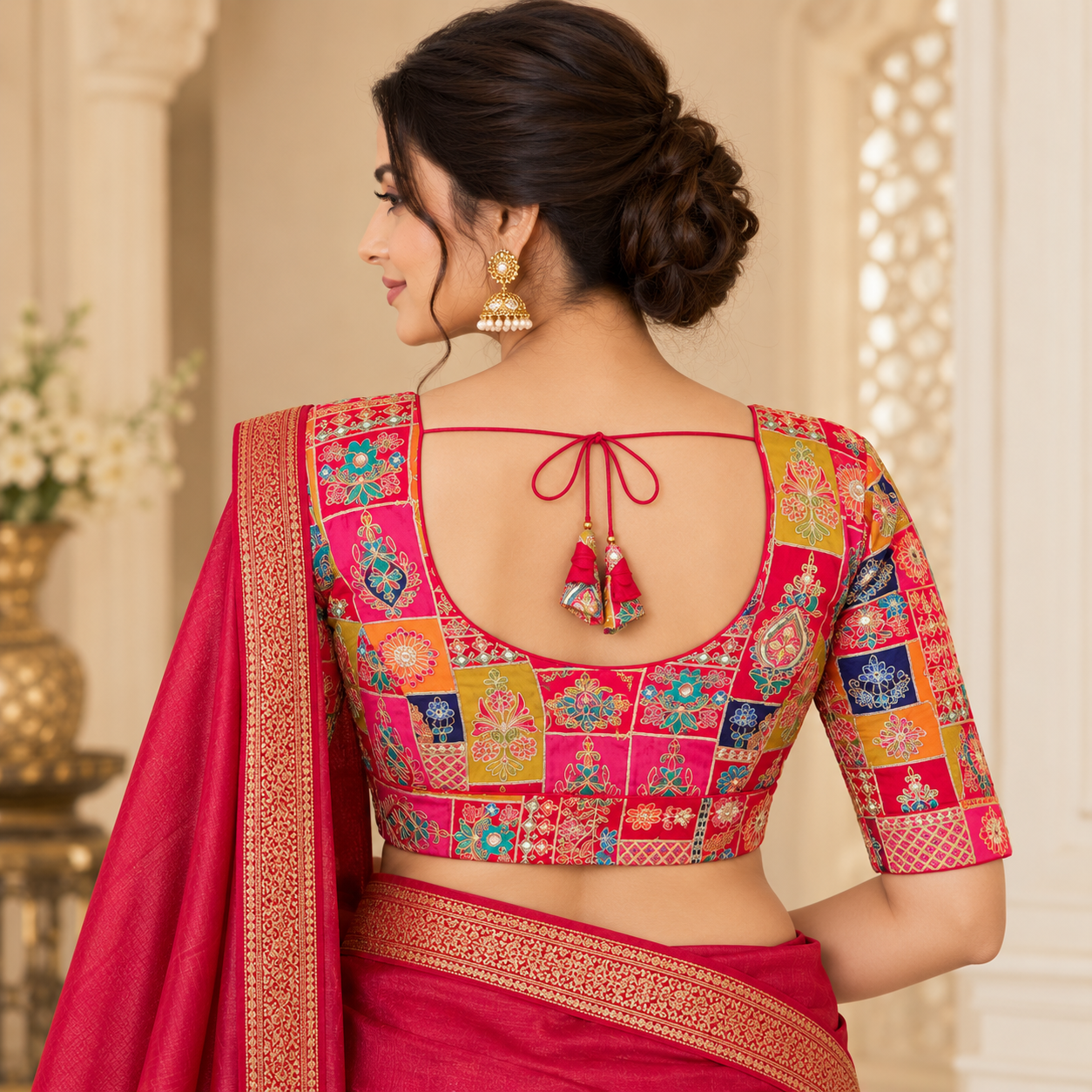 Designer Pink Multicolour Embroidered Blouse with Floral Patchwork and 3/4 Sleeves