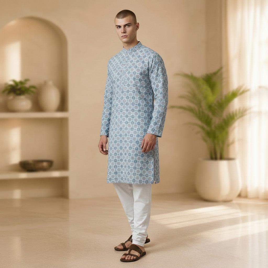 Sky Blue Printed Polyester Kurta for Men