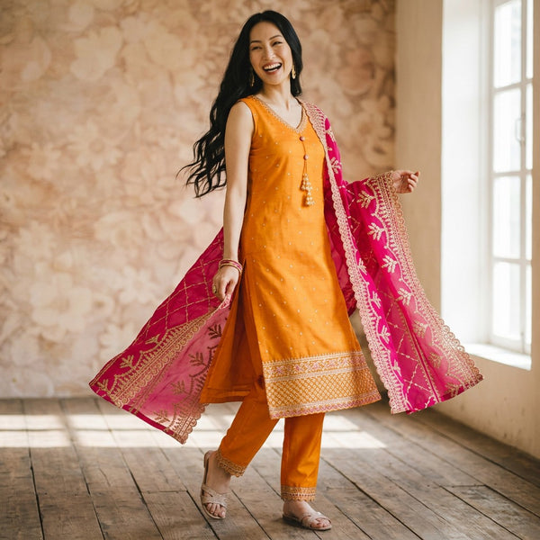 Mustard Orange Straight Kurta Set with Fuchsia Embroidered Dupatta