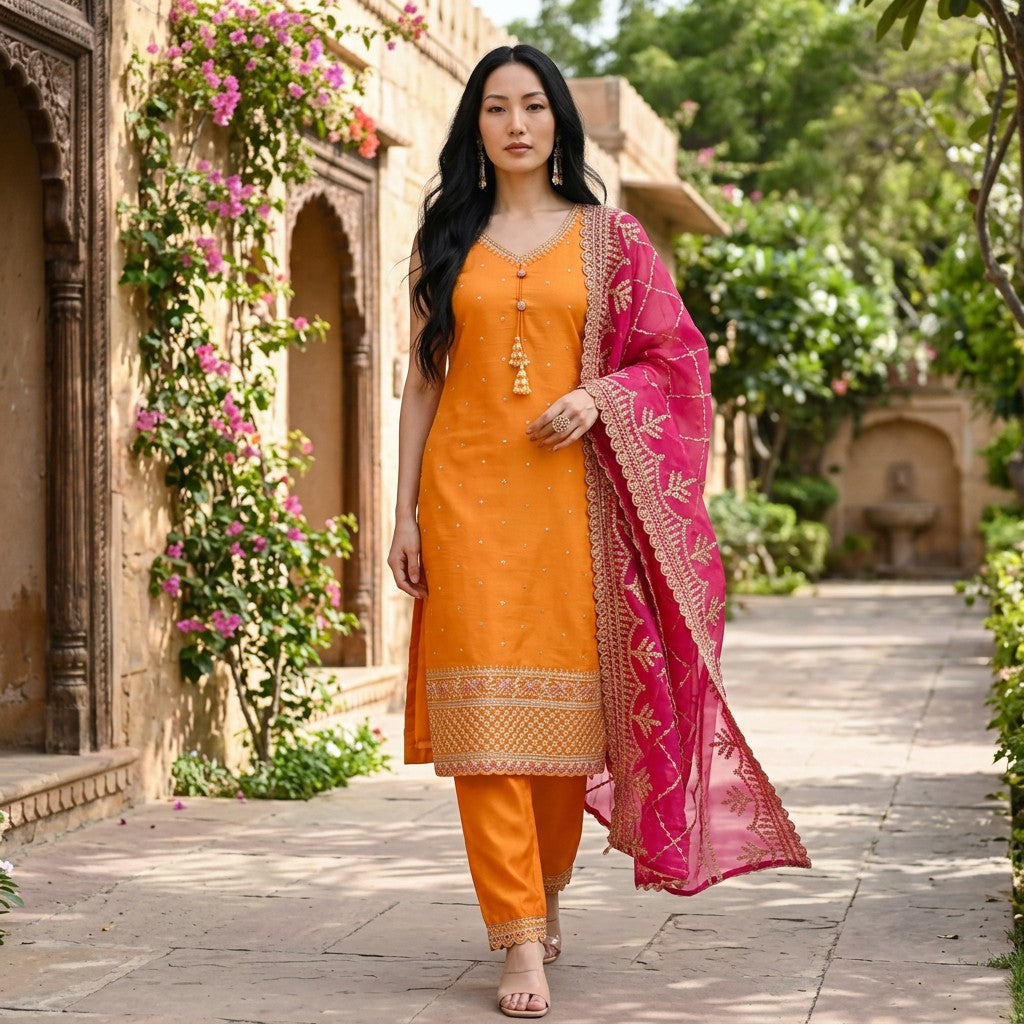 Mustard Orange Straight Kurta Set with Fuchsia Embroidered Dupatta
