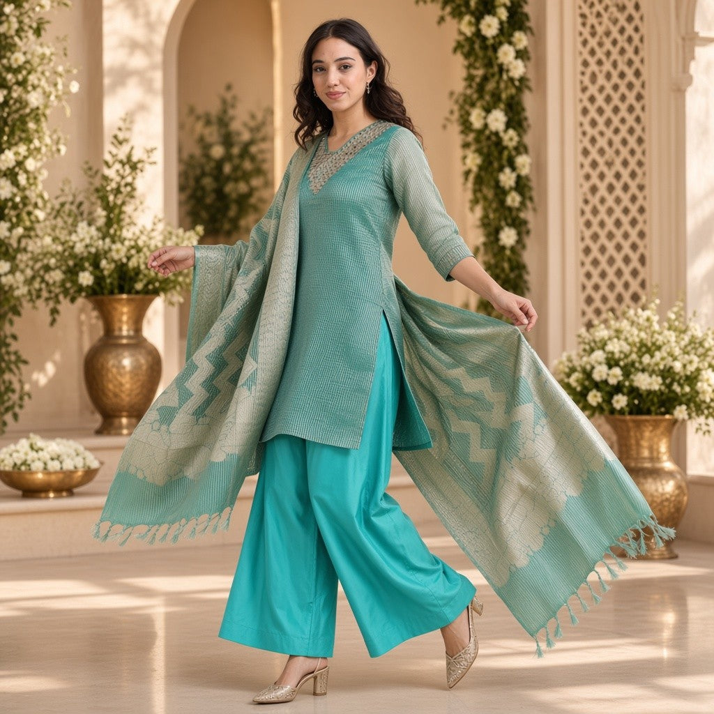 Elegant Teal Green Printed Kurta Set with Dupatta