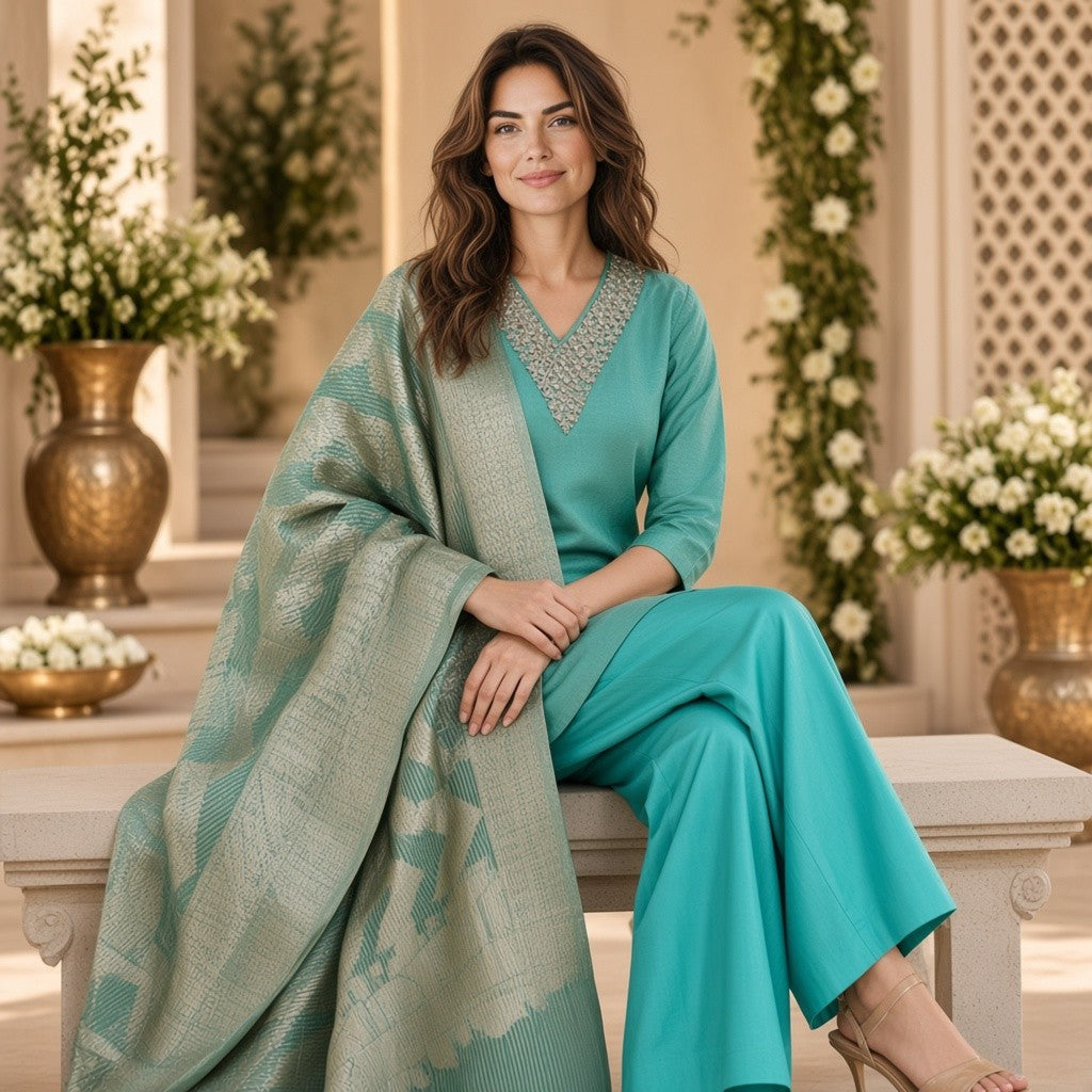Elegant Teal Green Printed Kurta Set with Dupatta