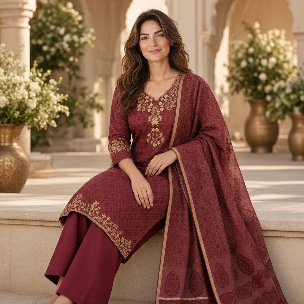 Elegant Maroon Printed Kurta Set with Embroidered Details