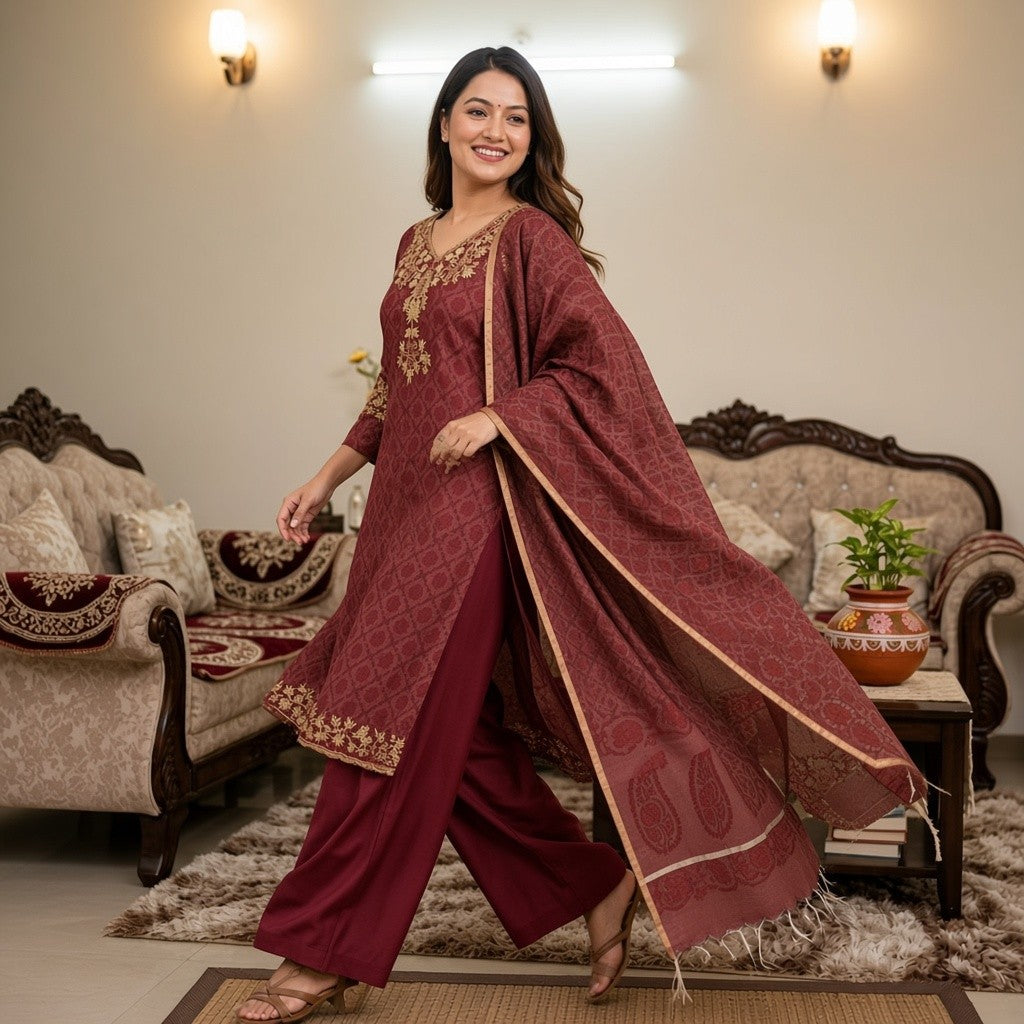 Elegant Maroon Printed Kurta Set with Embroidered Details