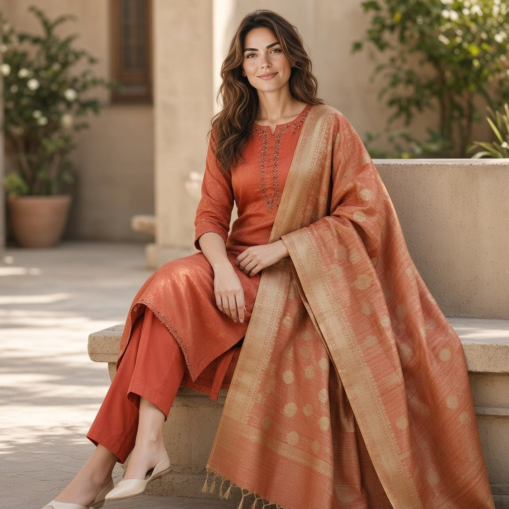 Elegant Peach Embroidered Kurta Set with Jacquard Dupatta