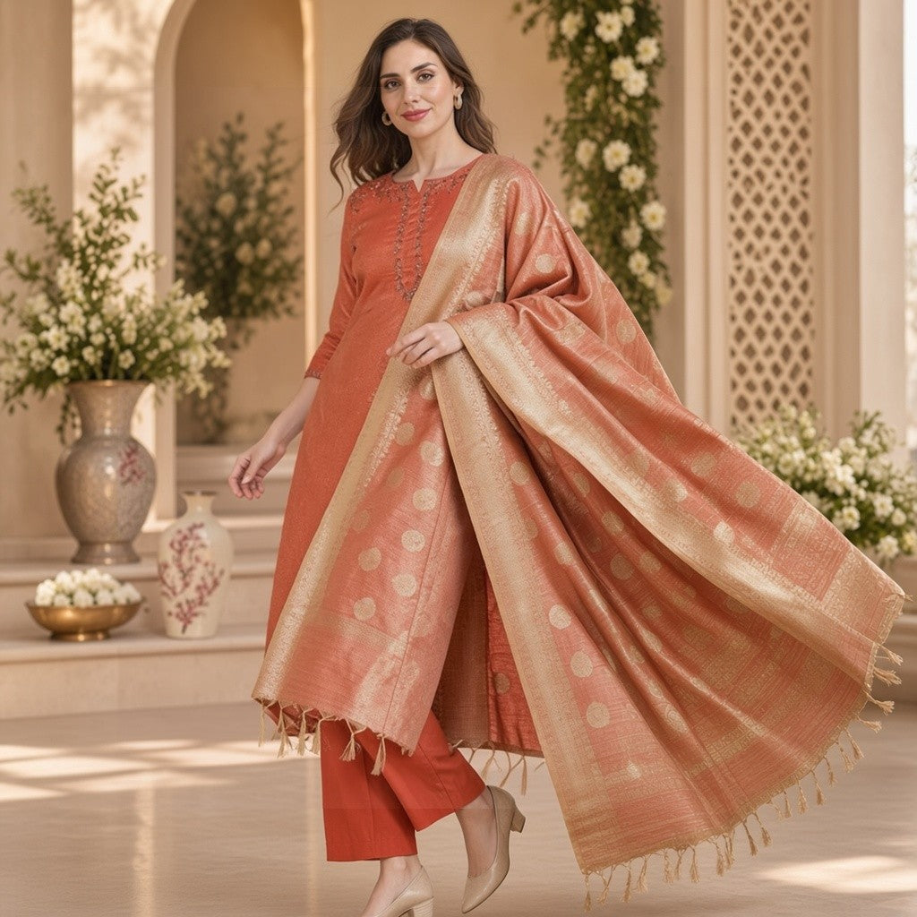 Elegant Peach Embroidered Kurta Set with Jacquard Dupatta