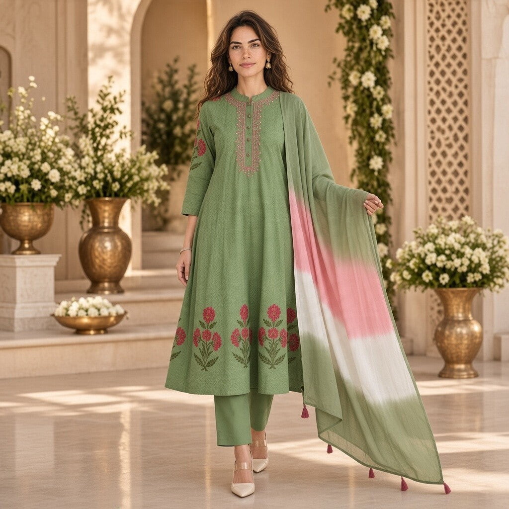 Sage Green Floral Printed Kurta Set