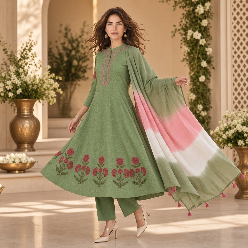 Sage Green Floral Printed Kurta Set