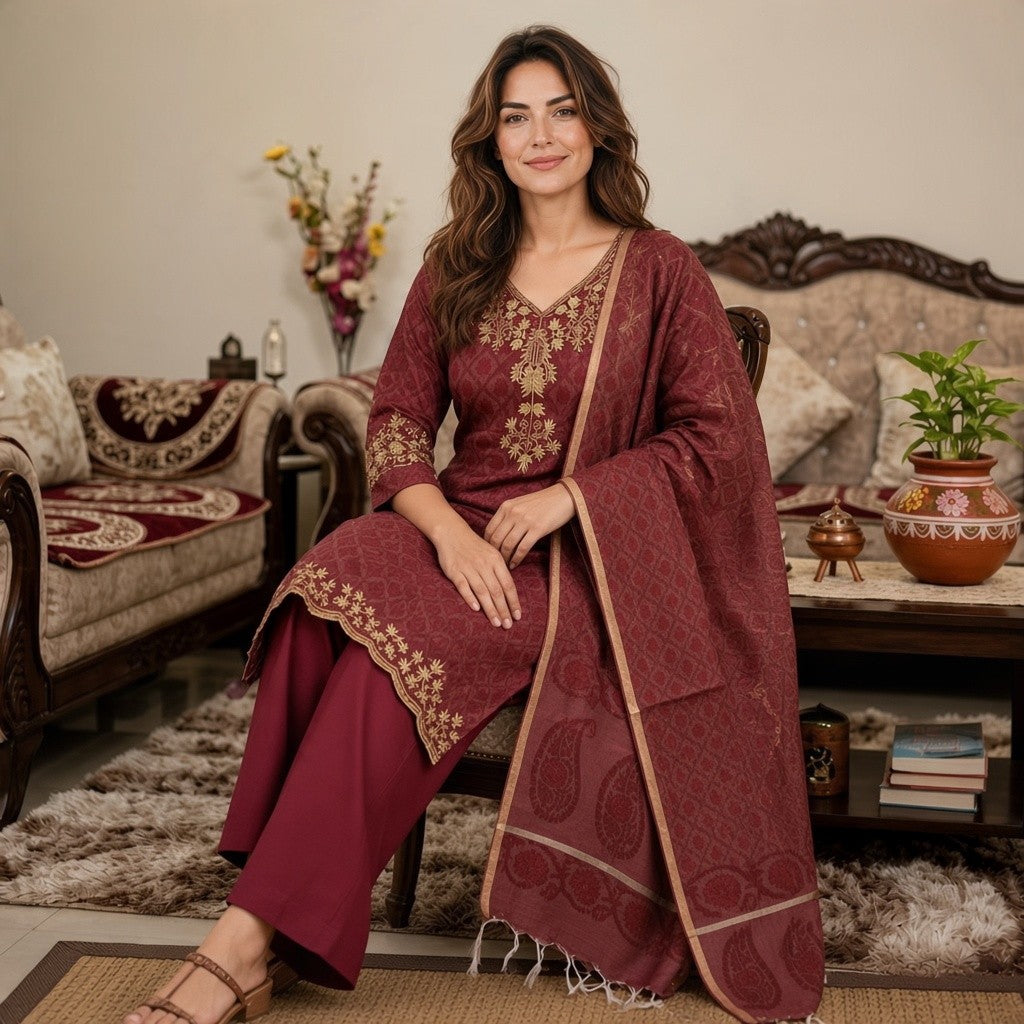 Elegant Maroon Printed Kurta Set with Embroidered Details