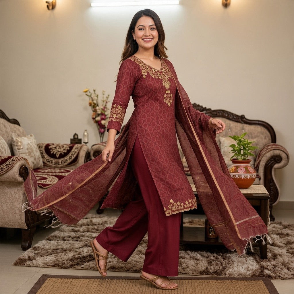 Elegant Maroon Printed Kurta Set with Embroidered Details
