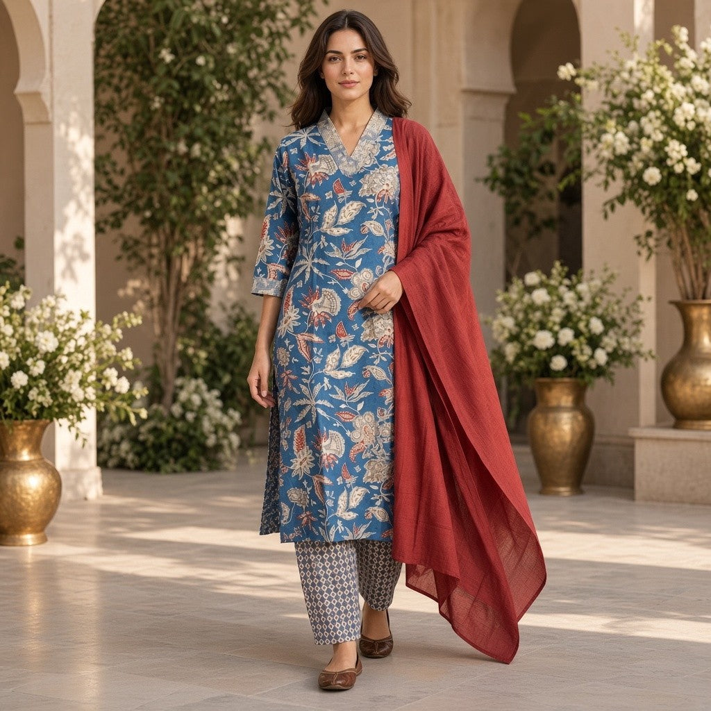 Blue Floral Printed Kurta Set with Red Dupatta