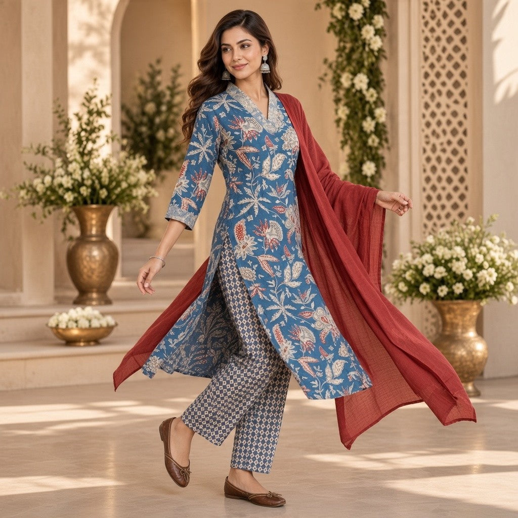 Blue Floral Printed Kurta Set with Red Dupatta