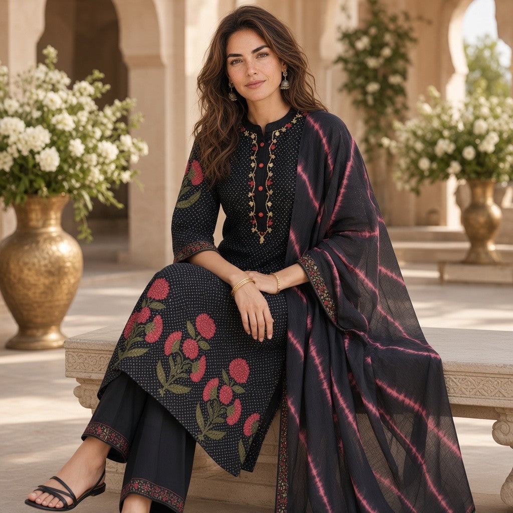 Black Floral Printed Kurta Set with Dupatta