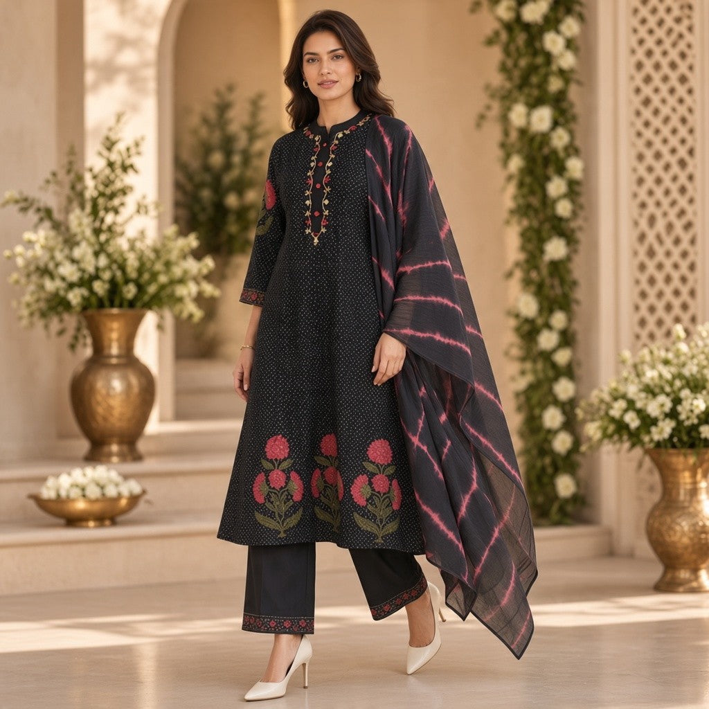 Black Floral Printed Kurta Set with Dupatta