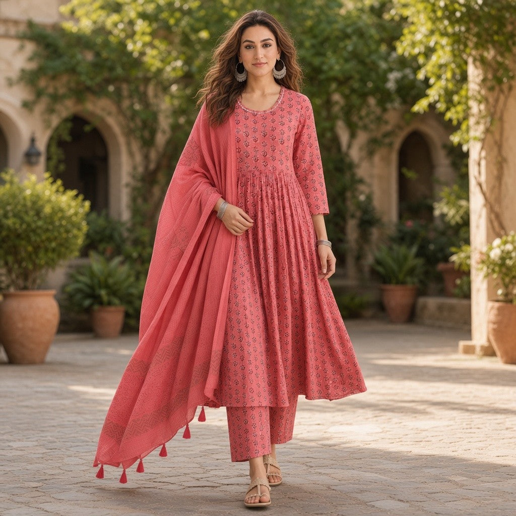 Elegant Coral Pink Floral Anarkali Suit with Dupatta