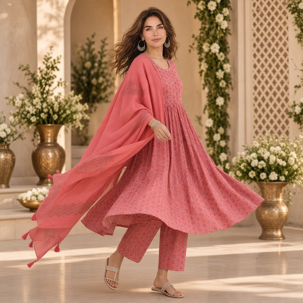 Elegant Coral Pink Floral Anarkali Suit with Dupatta