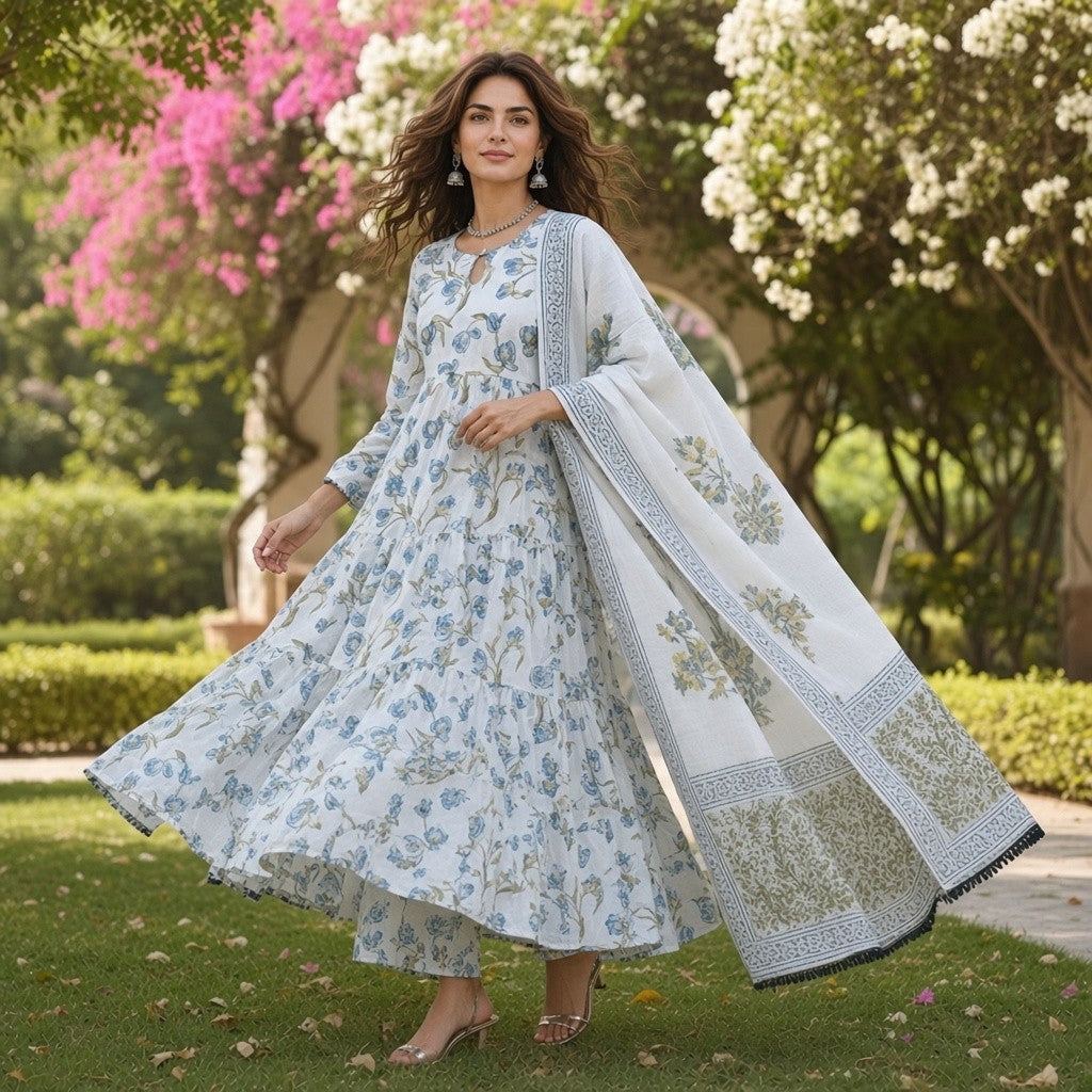 Elegant White & Blue Floral Anarkali Suit with Dupatta