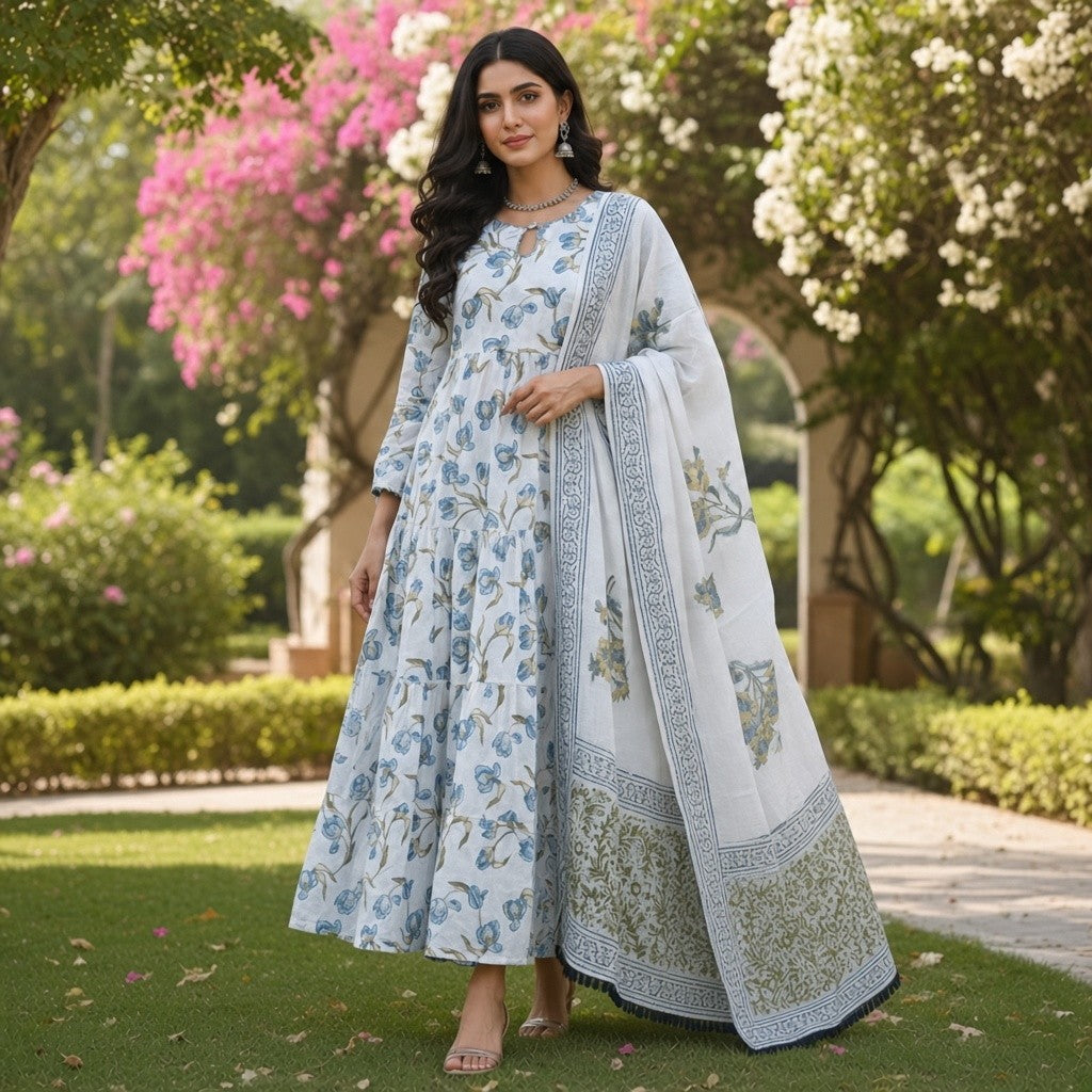 Elegant White & Blue Floral Anarkali Suit with Dupatta