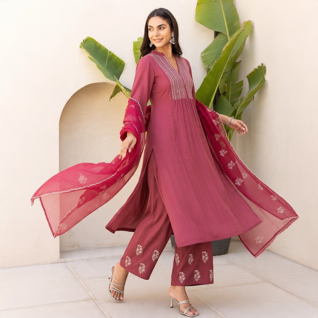Elegant Magenta Embroidered Kurta Palazzo Set with Dupatta