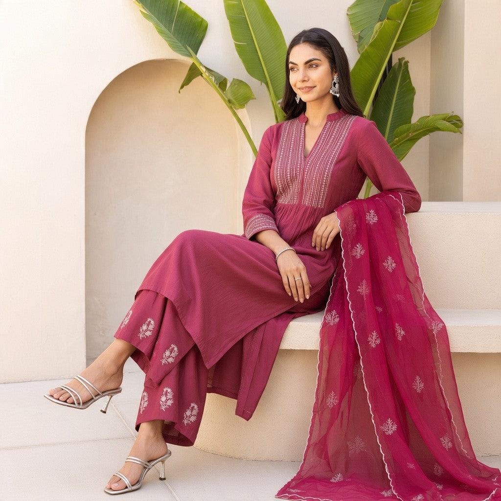 Elegant Magenta Embroidered Kurta Palazzo Set with Dupatta