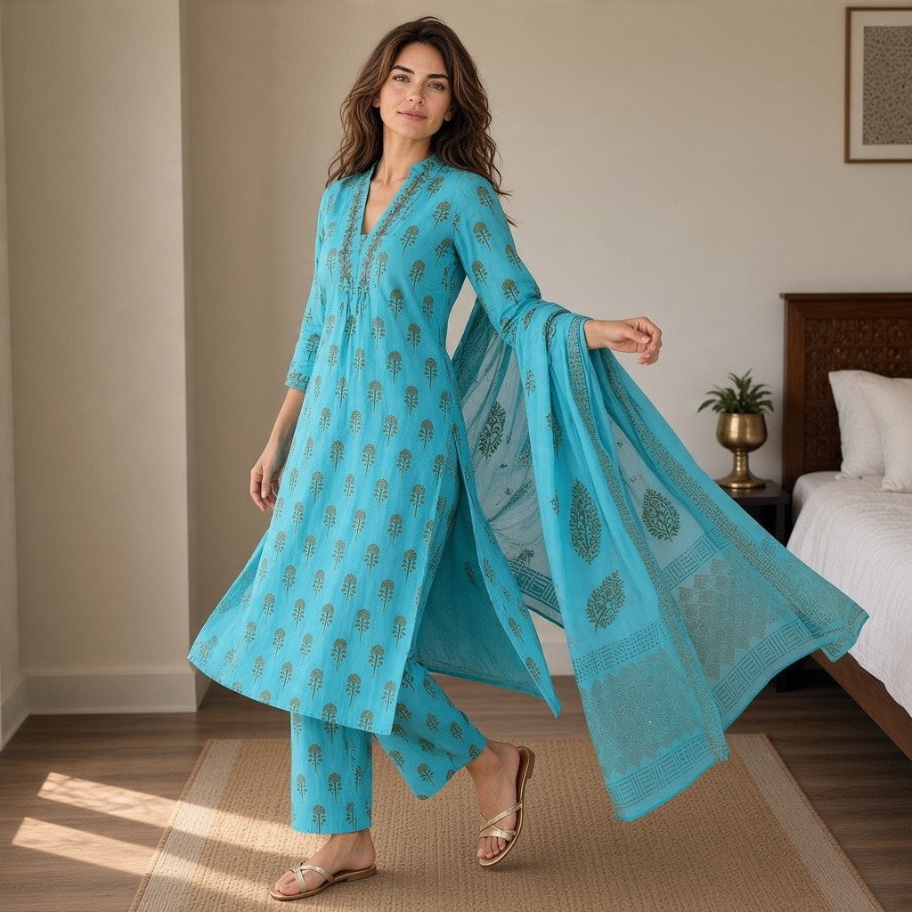 Elegant Turquoise Printed Kurta Pant Set with Dupatta