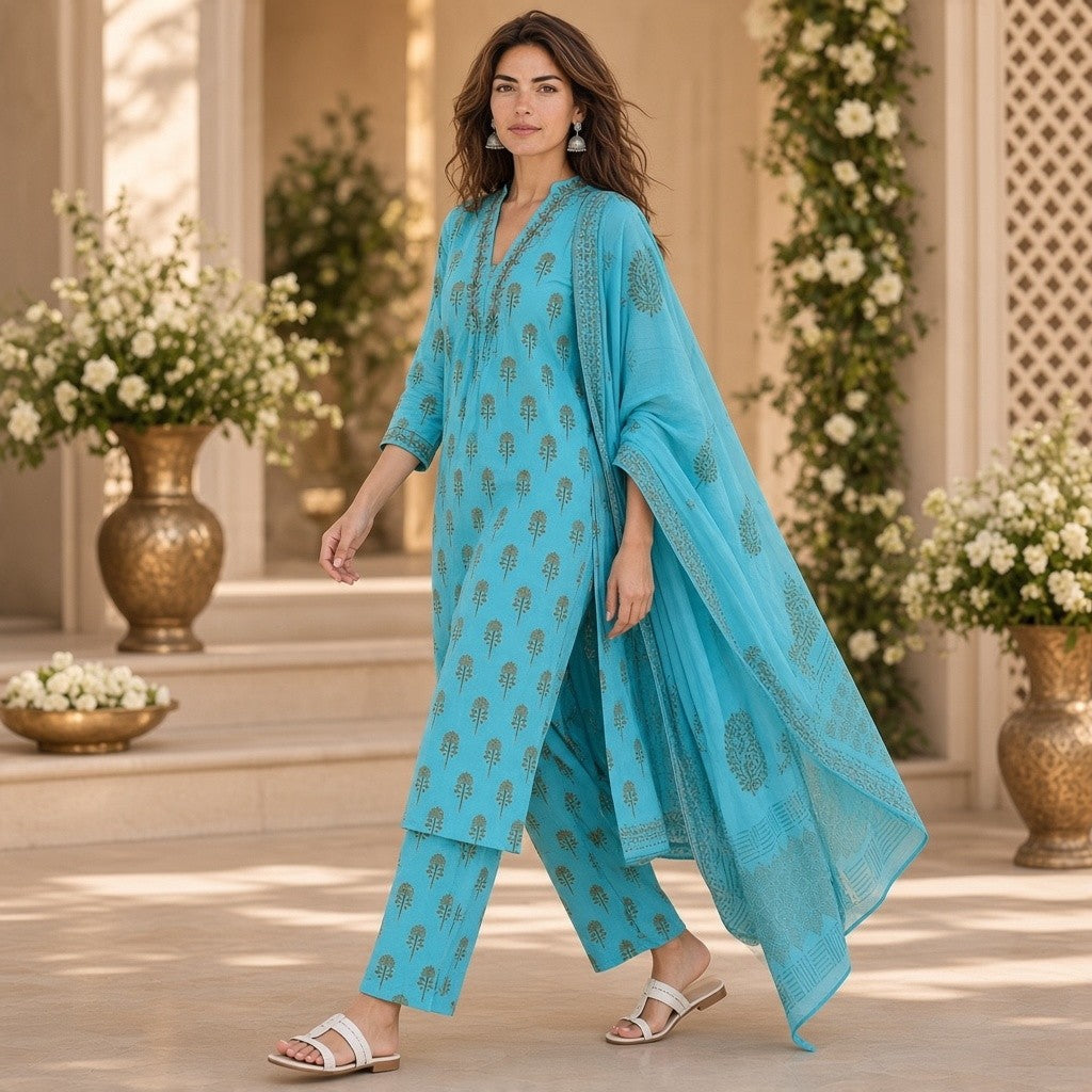 Elegant Turquoise Printed Kurta Pant Set with Dupatta