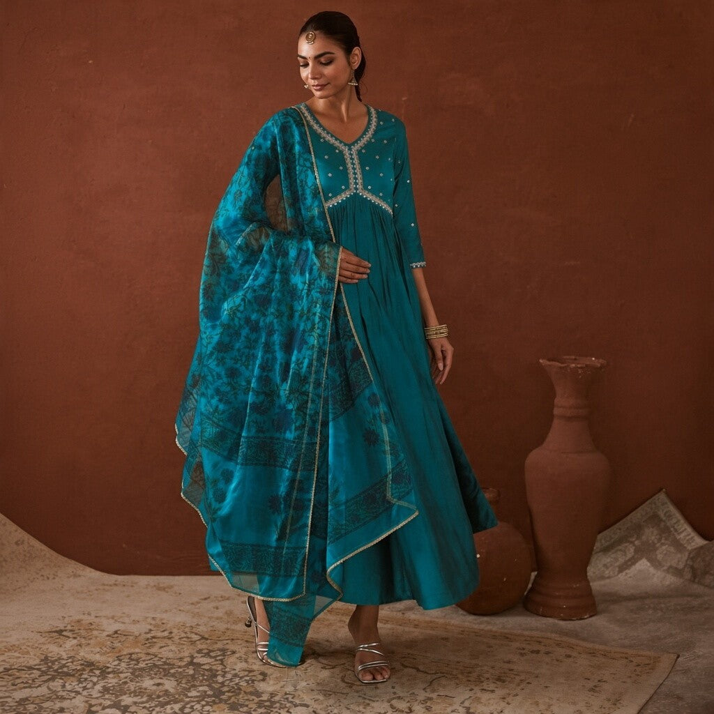 Teal Blue Embroidered Anarkali Suit with Dupatta
