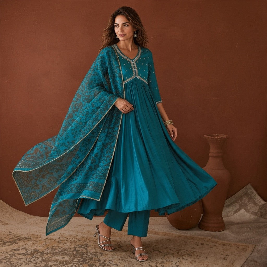 Teal Blue Embroidered Anarkali Suit with Dupatta