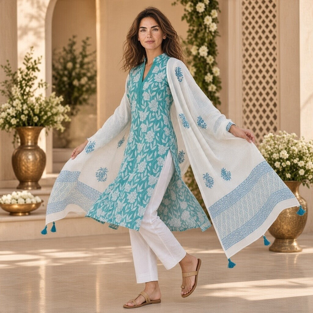 Turquoise Floral Kurta Pant Set with White Dupatta