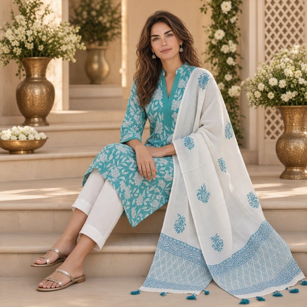 Turquoise Floral Kurta Pant Set with White Dupatta