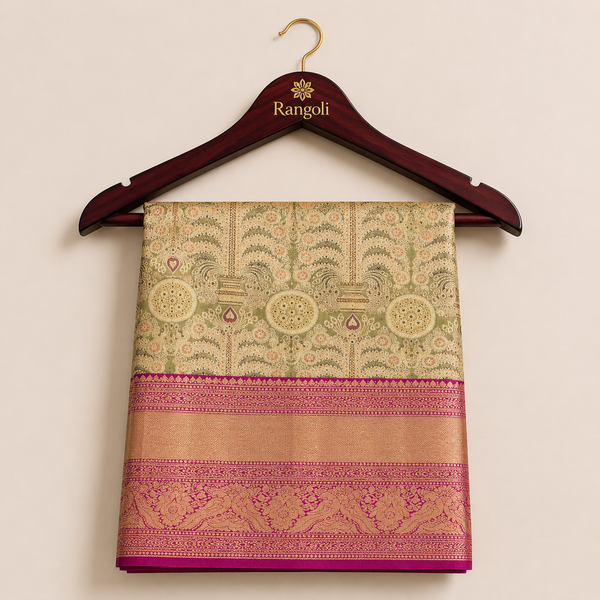Kanchipattu off-white saree with intricate zari motifs and a rich magenta woven border for a graceful traditional look