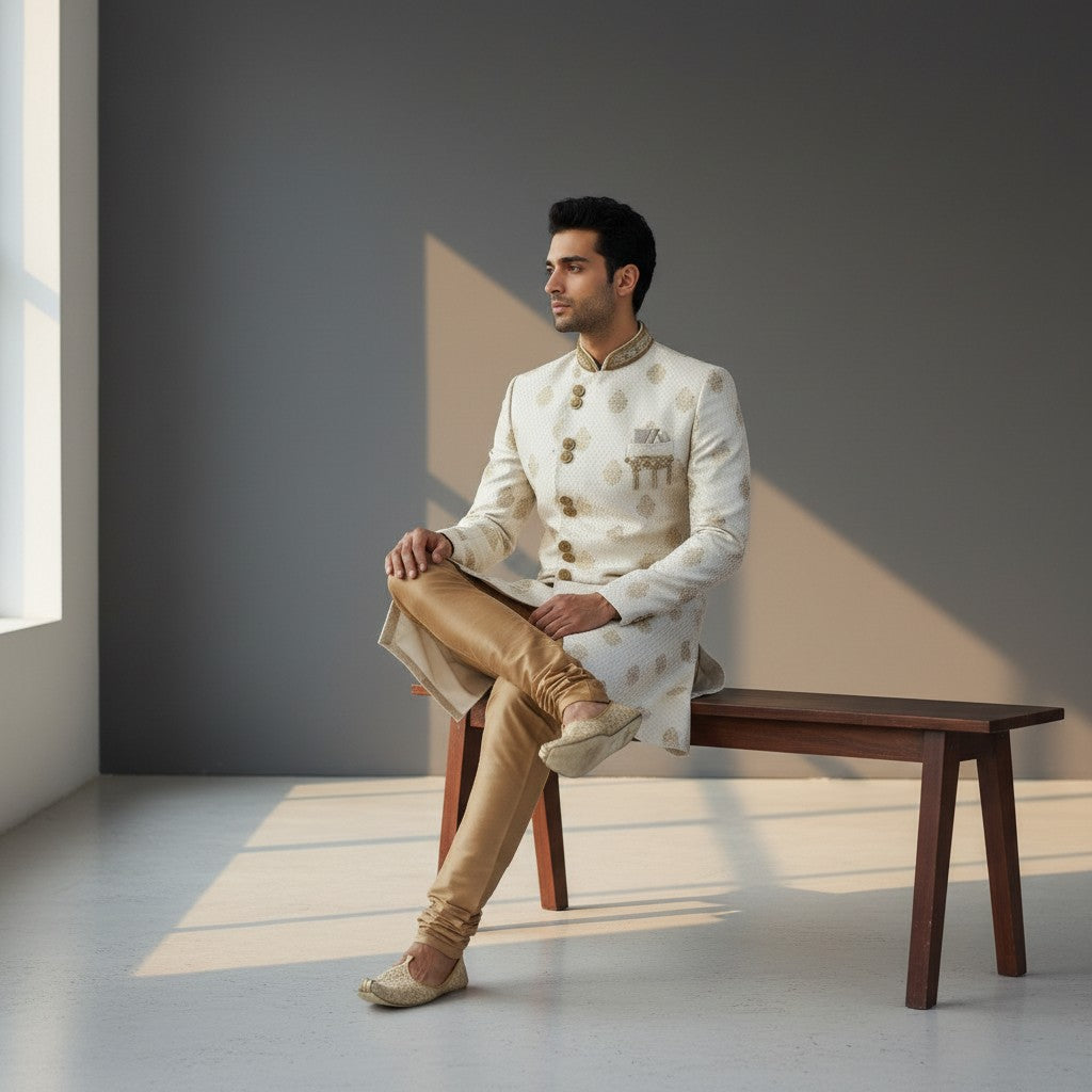 A Off White Colored Self Design Sherwani