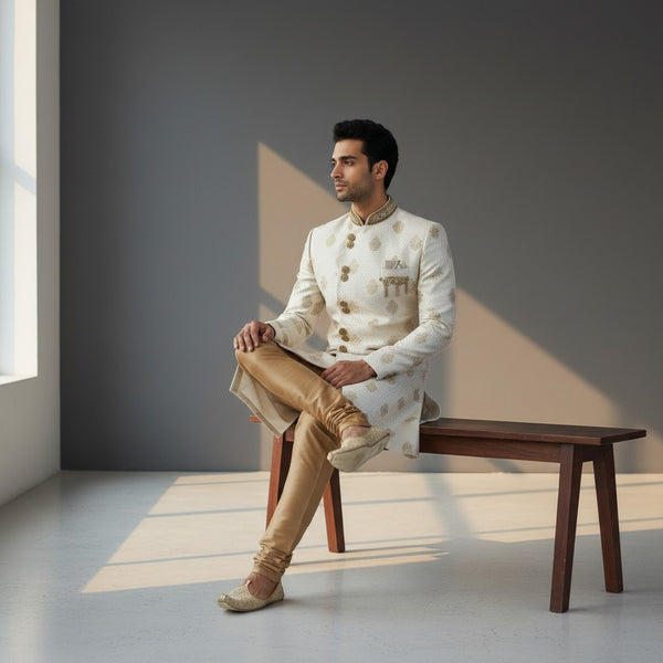 A Off White Colored Self Design Sherwani