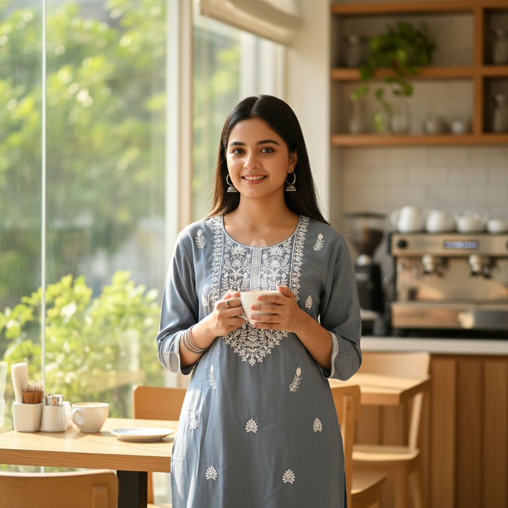Round-Neck Straight Kurta with Heavy White Floral Embroidery
