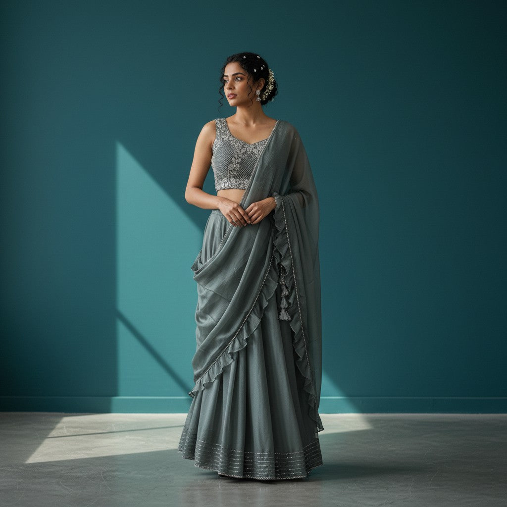 Sage Green Floral Beaded Lehenga Set with Dupatta