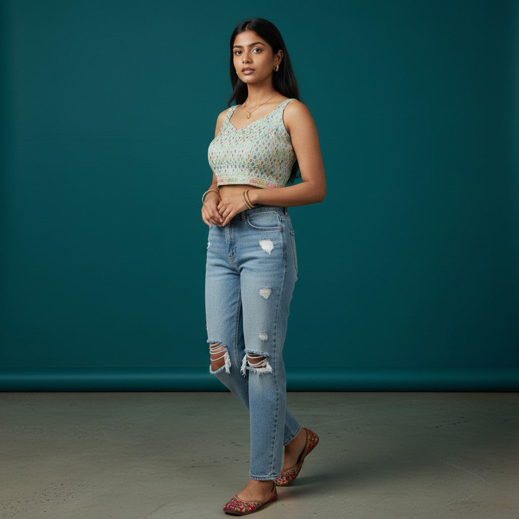 Light Seafoam Green Blouse with Multi-Colored Pastel Embroidery in a Geometric Drop Pattern and Pink/Gold Accent Border