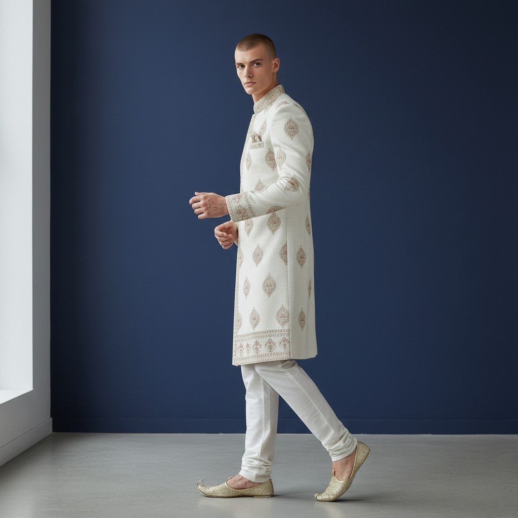 Cream Colored Self Design Men Sherwani