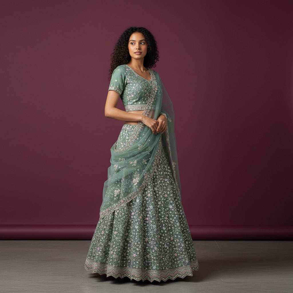 Seafoam Green Floral Sequin Embroidered Lehenga Choli Set with Net Dupatta