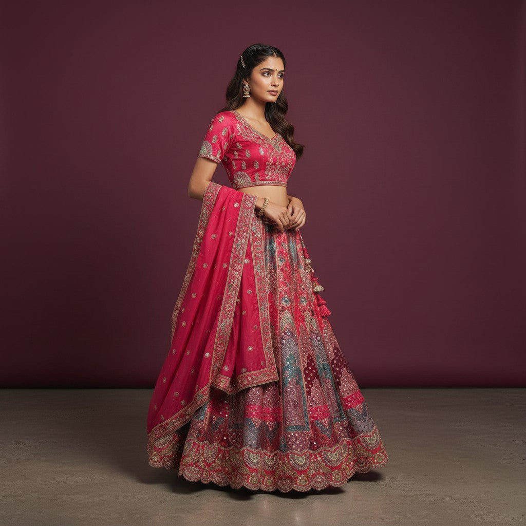 Vibrant Crimson Red & Multi-Color Paneled Lehenga with Gold Thread Work