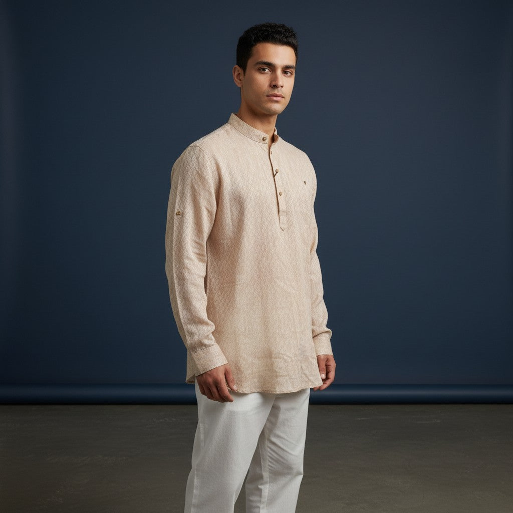 Men's Cream Linen Cotton Funky Half Kurta