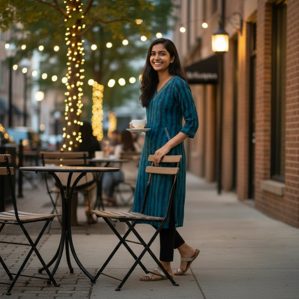 Teal Navy Tie-Dye Effect Kurti with Silver Sequins