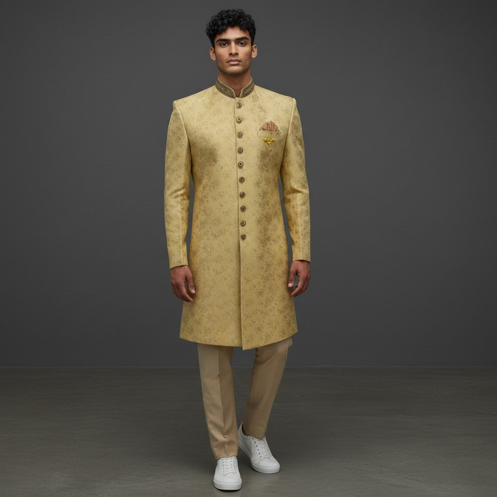 A Yellow Self Design Sherwani